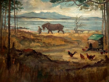 Huile sur toile ancienne représentant un paysage rural de 1800, 19ème siècle