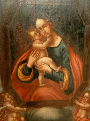 Huile sur panneau française du 18ème siècle Vierge à l'enfant et aux chérubins