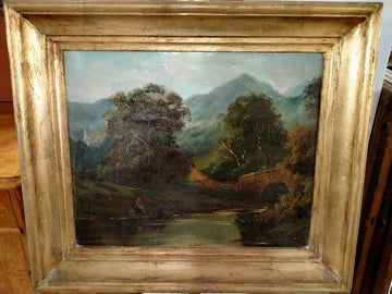 Antique English oil on canvas with river path with fisherman's bridge