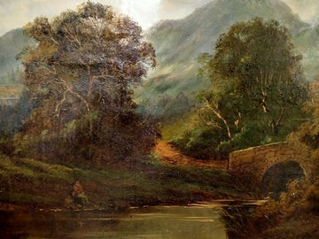 Olio su tela inglese raffigurante corso d'acqua sentiero e pescatore
