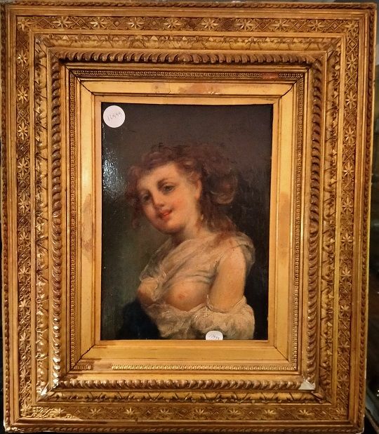 Antico olio su tavola di donna con volto provocatorio e seni scoperti