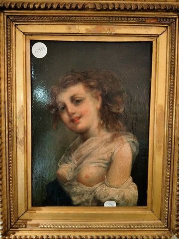Ancient oil on panel of a woman with a provocative face and exposed breasts