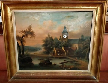 Huile sur toile antique avec véritable horloge antique intégrée des années 1800