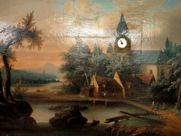 Huile sur toile antique avec véritable horloge antique intégrée des années 1800