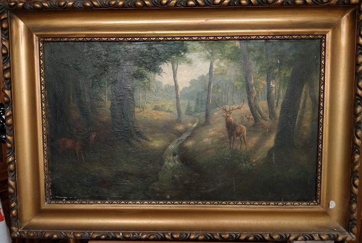 Antico olio su tela bosco con cervi nei pressi di un fiume 1800