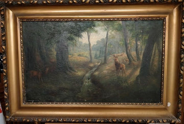 Huile sur toile ancienne forêt avec cerf près d'une rivière 1800