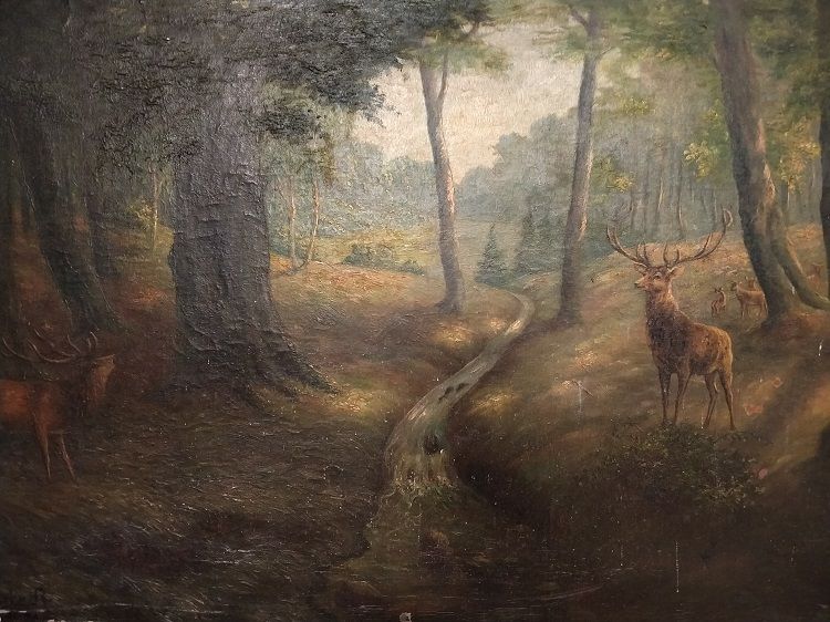 Antico olio su tela bosco con cervi nei pressi di un fiume 1800