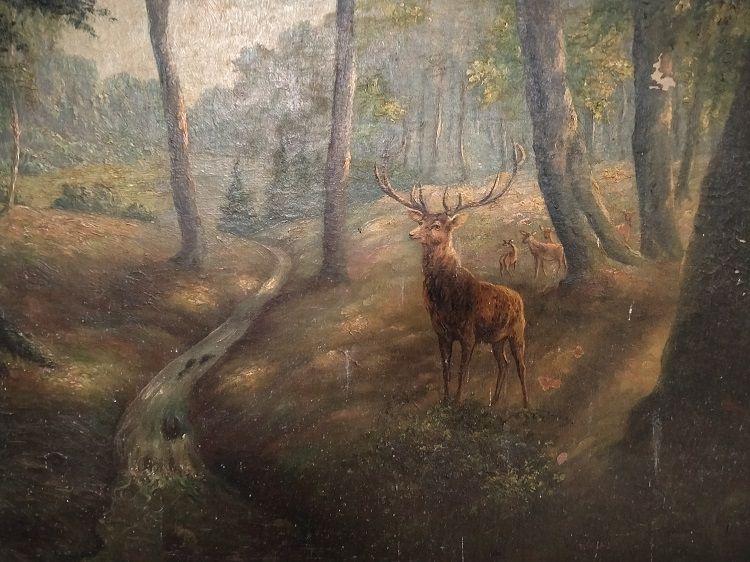 Antico olio su tela bosco con cervi nei pressi di un fiume 1800