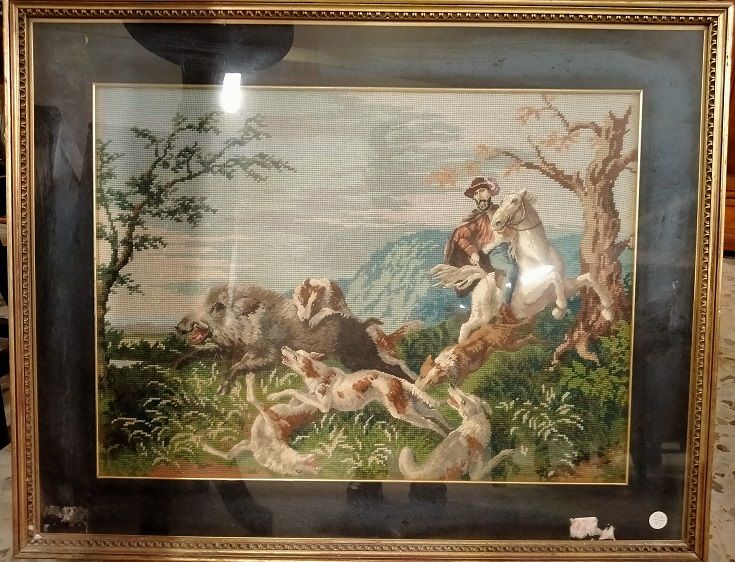 Antico quadro con ricamo a piccolo punto raffigurante scena di caccia