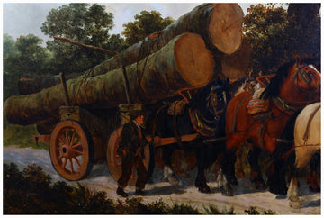 Grande olio su tela raffigurante carro trainato da cavalli