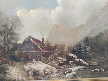 Antique Dutch oil on panel from 1800 snowy landscape with mill