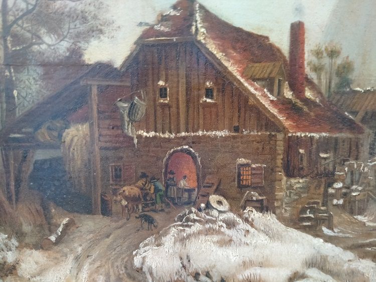 Antico olio su tavola olandese del 1800 paesaggio innevato con mulino