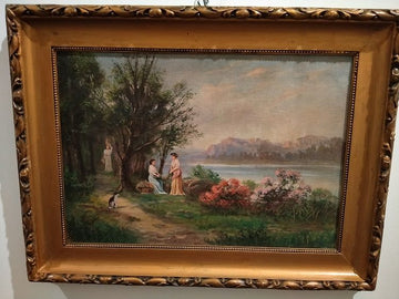 Oil on panel landscape with forest, lake and characters