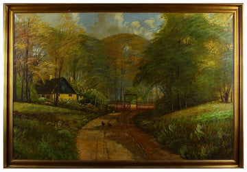 Grande et ancienne huile sur toile représentant un chemin et une maison dans les bois