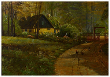 Grande et ancienne huile sur toile représentant un chemin et une maison dans les bois