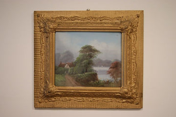 Antique English oils on panel from 1900, country landscape and lake