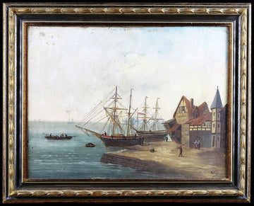 Ancient oil on canvas depicting a sea view with sailing ships