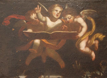 Huile sur toile italienne antique de 1600 chérubins avec tables de la loi