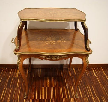 Petite Table française antique de style Louis XV des années 1800 à deux niveaux avec incrustations