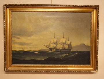 Antique oil on canvas with a sailing ship sailing on the open sea from the 1800s