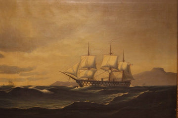 Antique oil on canvas with a sailing ship sailing on the open sea from the 1800s