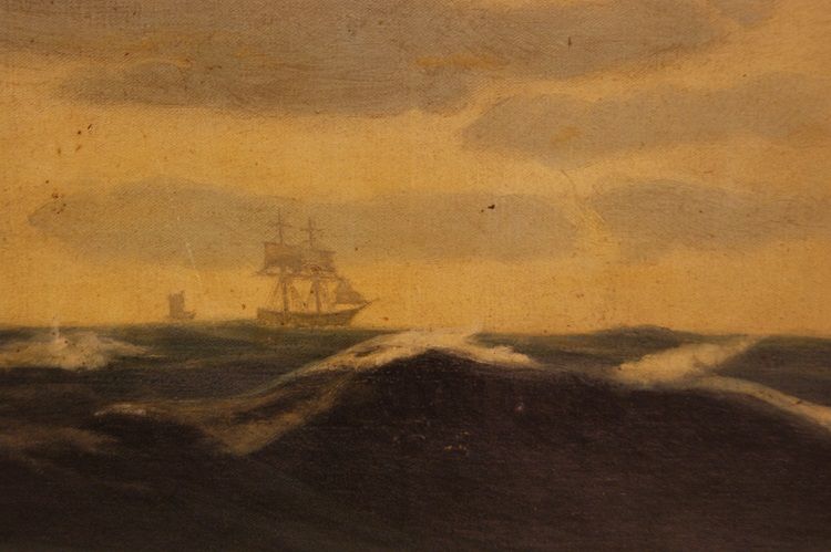 Antico olio su tela con veliero in navigazione in mare aperto del 1800