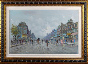 Huile sur toile représentant une vue urbaine parisienne. Signé Mario CORTIELLO