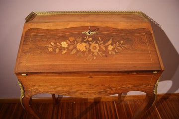 Antique French Louis XV style Bureau Writing desk from 1800 with inlays and bronzes