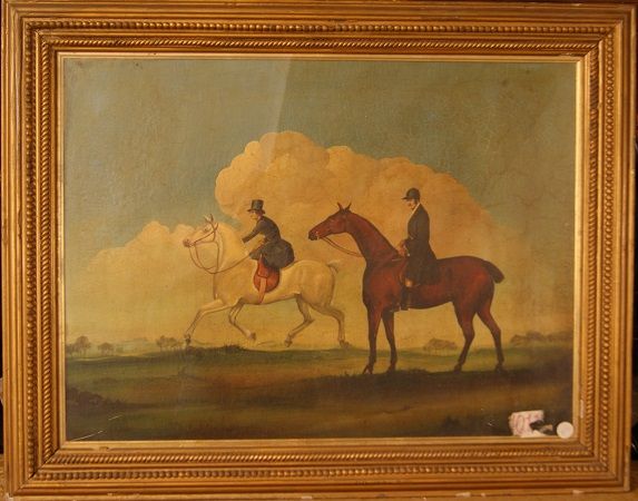 English canvas depicting jockeys on horseback
