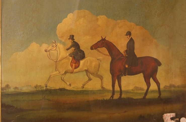 Antico quadro olio su tela del 1800 raffigurante fantini a cavallo