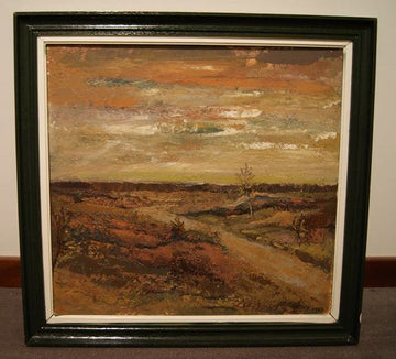 Antique oil on canvas country landscape with path at sunset