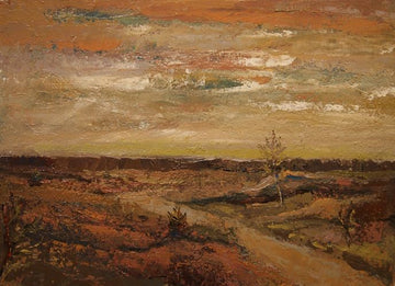 Antique oil on canvas country landscape with path at sunset
