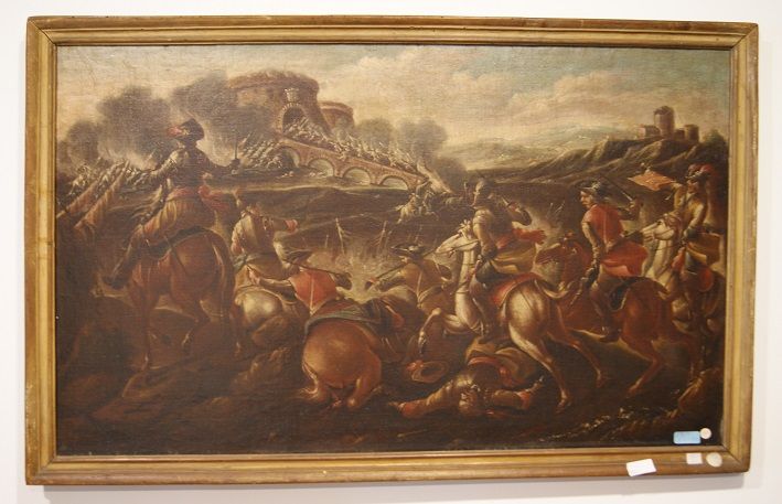 Coppia di antichi oli su tela italiani del 1600 raffigurante battaglia