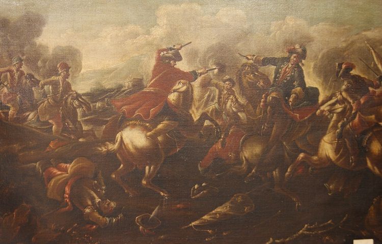 Coppia di antichi oli su tela italiani del 1600 raffigurante battaglia