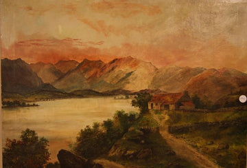 Olio su tela raffigurante paesaggio campestre con lago e montagne
