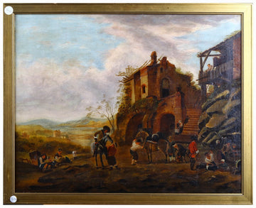 Huile sur toile antique représentant un paysage rural et la vie agricole des années 1800