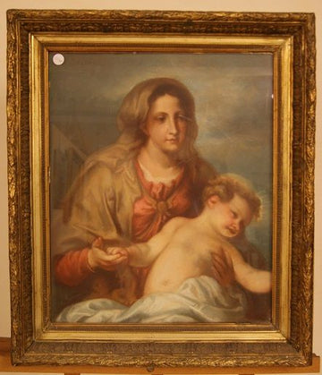 Pastel française antique de 1800 Madone de maternité avec l'enfant