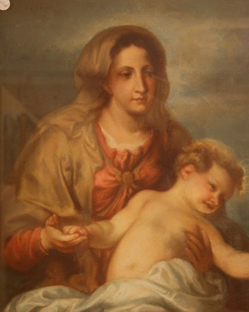 Pastel française antique de 1800 Madone de maternité avec l'enfant