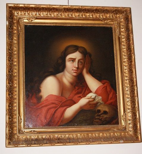 Olio su tela raffigurante "La Maddalena  con teschio"