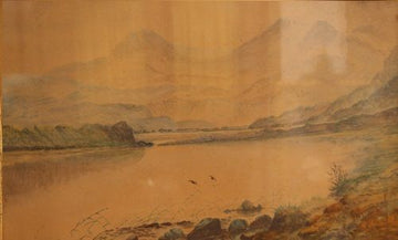 Pastello inglese veduta di corso d'acqua con montagne