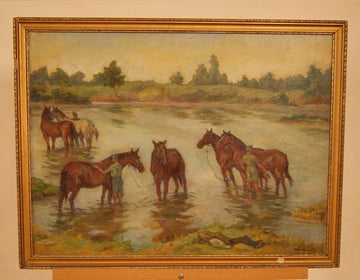 Ancient oil painting from the late 19th century Eastern Europe depicting soldiers and horses