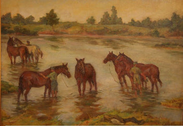 Ancient oil painting from the late 19th century Eastern Europe depicting soldiers and horses