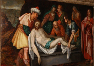 Ancient painting oil on panel from 1500 Deposition of Jesus Descent from the cross