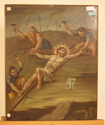 Huile sur toile  italien ancien de 1700 Crucifixion de Jésus huile sur toile