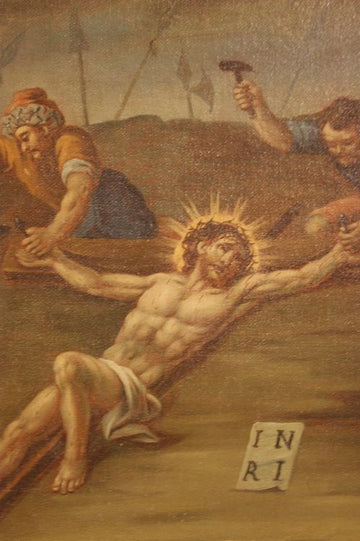 Huile sur toile  italien ancien de 1700 Crucifixion de Jésus huile sur toile