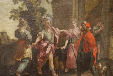 Olio su tela italiano del 1700 raffigurante personaggi all'aperto