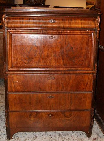 Antique Biedermeier style secretaire desk chest from the 1800s in walnut feather