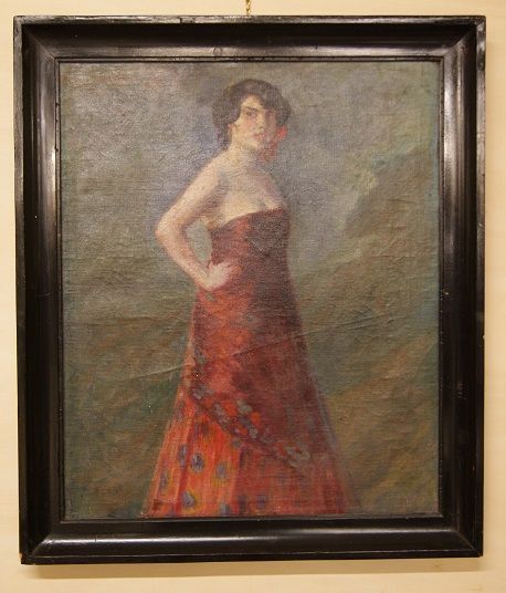 Olio su tela "Donna con vestito rosso"