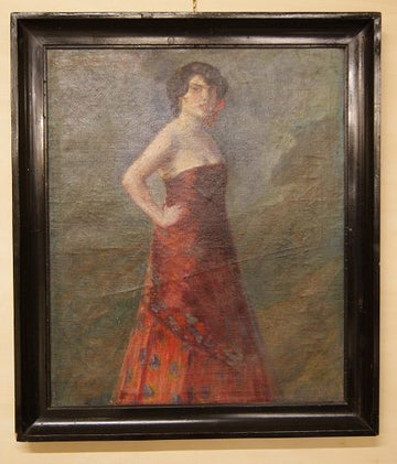Antique 1900 oil on canvas painting of woman with long red dress