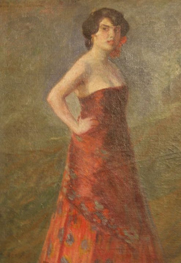 Antique 1900 oil on canvas painting of woman with long red dress